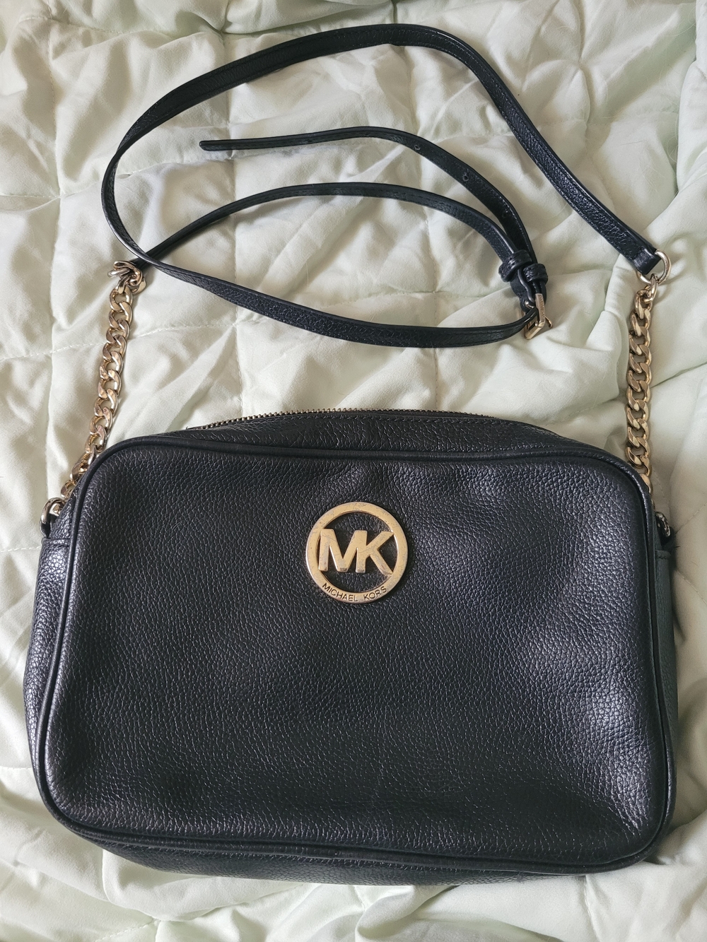 Michael Kors Black Pebbled Leather Crossbody with Gold MK Medallion